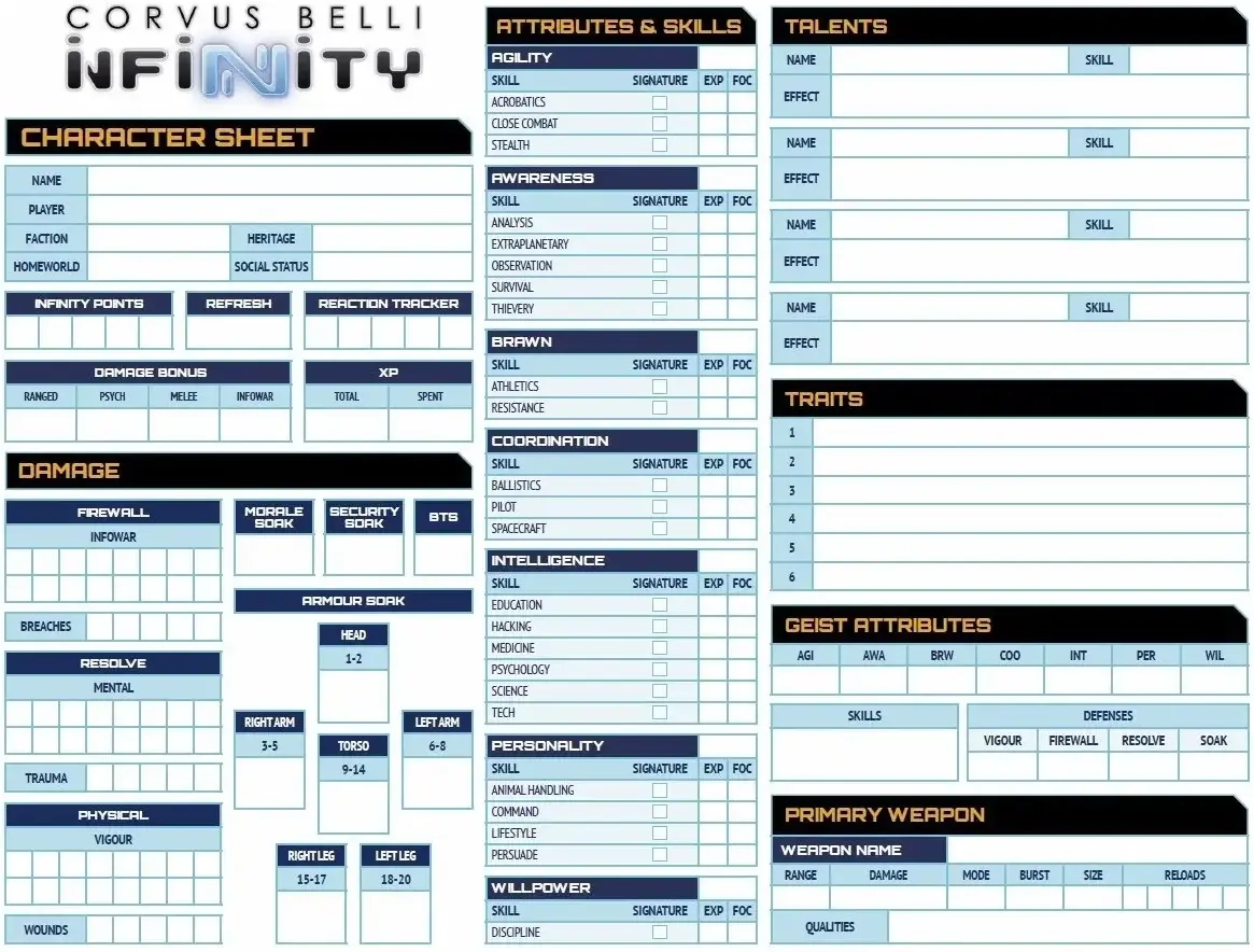 Infinity RPG Character Sheet Pad - EN