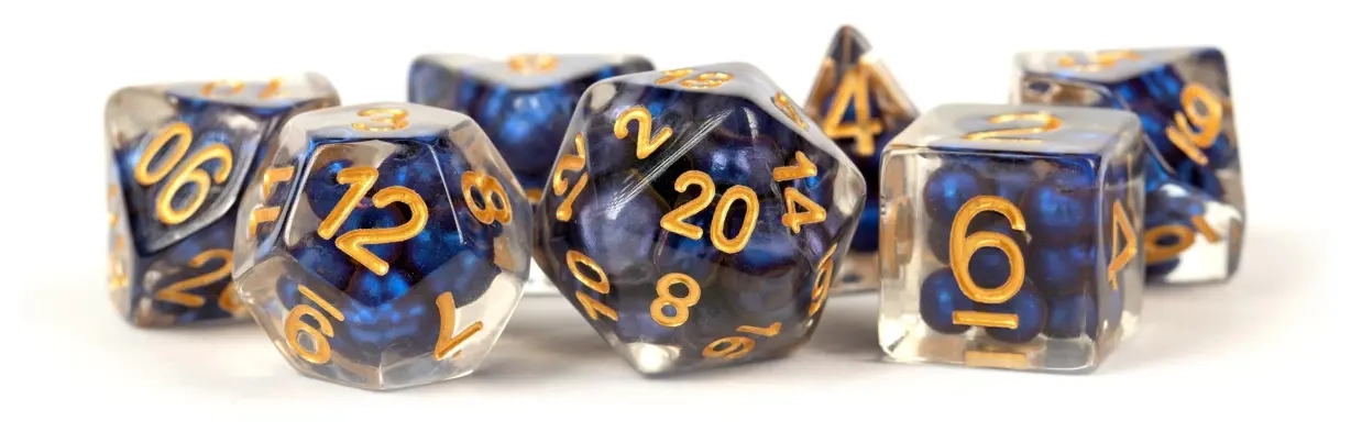 16mm Resin Pearl Dice Poly Set Royal Blue w/ Gold Numbers