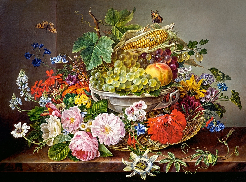 Still Life with Flowers and Fruit Basket