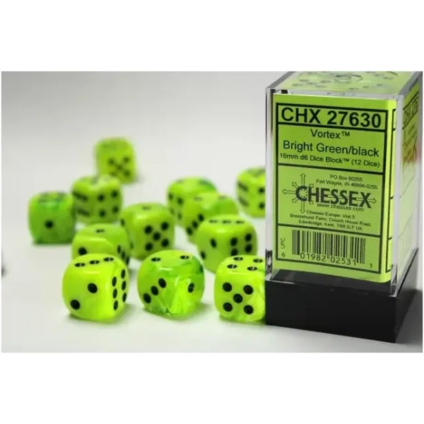 16mm d6 with pips Dice Blocks (12 Dice) - Vortex Bright Green w/black