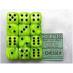 16mm d6 with pips Dice Blocks (12 Dice) - Vortex Bright Green w/black