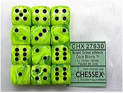 16mm d6 with pips Dice Blocks (12 Dice) - Vortex Bright Green w/black