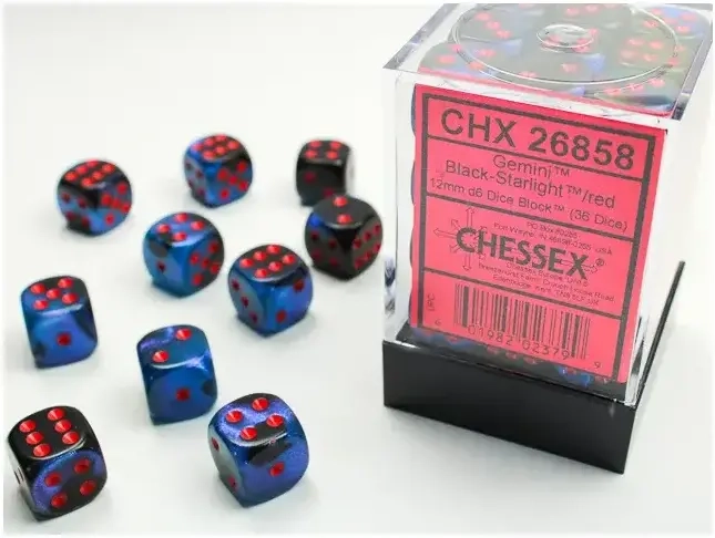 Gemini 12mm d6 with pips (36 Dice Block) - Black-Starlight w/red