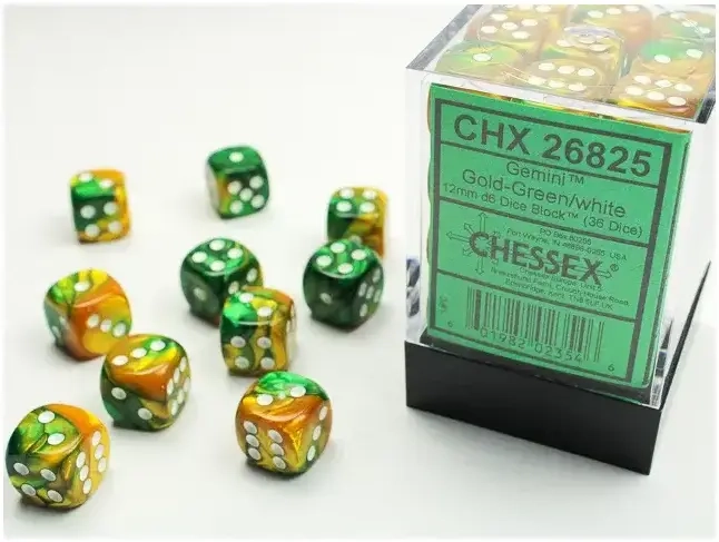 Dice Sets Gold-Green/White Gemini 12mm d6 (36)