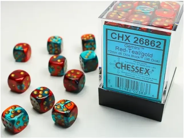 Gemini 12mm d6 Dice Blocks with pips Dice Blocks (36 Dice) - Red-Teal with gold