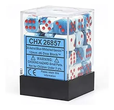 Gemini 12mm d6 Dice Blocks with pips Dice Blocks (36 Dice) - Astral Blue-White w/red