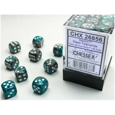 Gemini 12mm d6 Dice Blocks with pips Dice Blocks (36 Dice) - Steel-Teal w/white