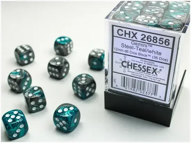 Gemini 12mm d6 Dice Blocks with pips Dice Blocks (36 Dice) - Steel-Teal w/white