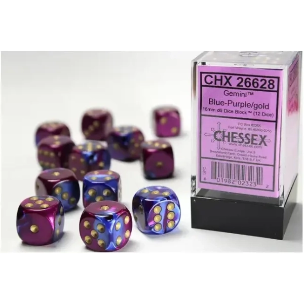 Gemini 16mm d6 with pips Dice Blocks (12 Dice) - Blue-Purple w/gold