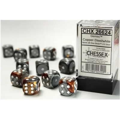 Gemini 16mm d6 with pips Dice Blocks (12 Dice) - Copper-Steel w/white