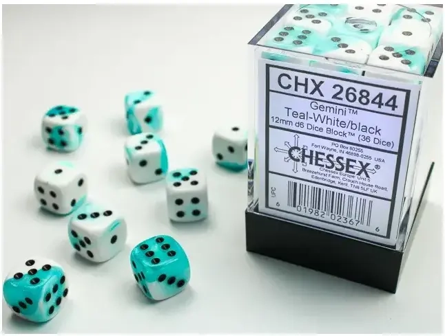 Gemini 12mm d6 Dice Blocks with pips Dice Blocks (36 Dice) - White-Teal w/black