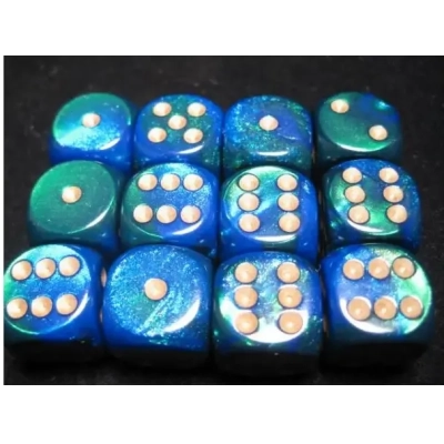 Gemini 16mm d6 with pips Dice Blocks (12 Dice) - Blue-Green w/gold