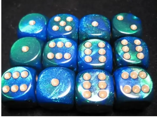 Gemini 16mm d6 with pips Dice Blocks (12 Dice) - Blue-Green w/gold