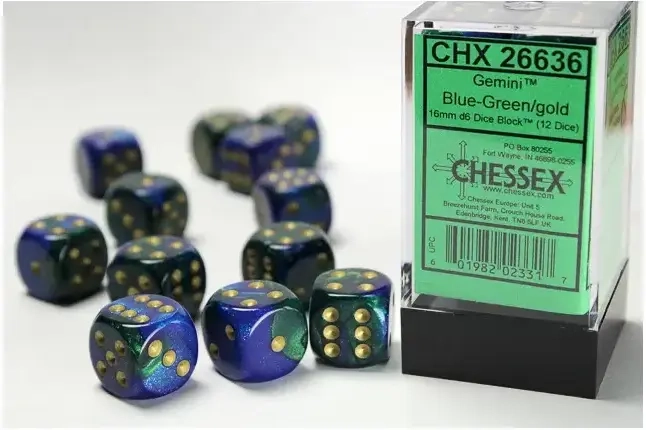 Gemini 16mm d6 with pips Dice Blocks (12 Dice) - Blue-Green w/gold