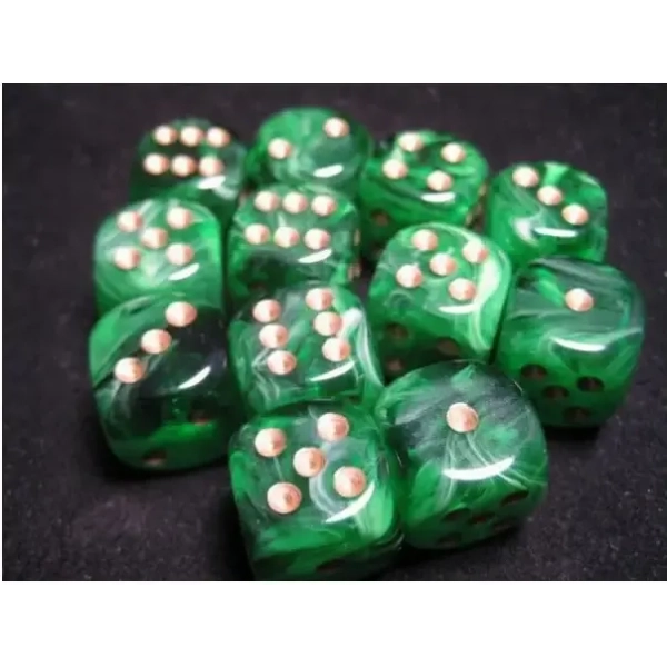 16mm d6 with pips Dice Blocks (12 Dice) - Vortex Green w/gold