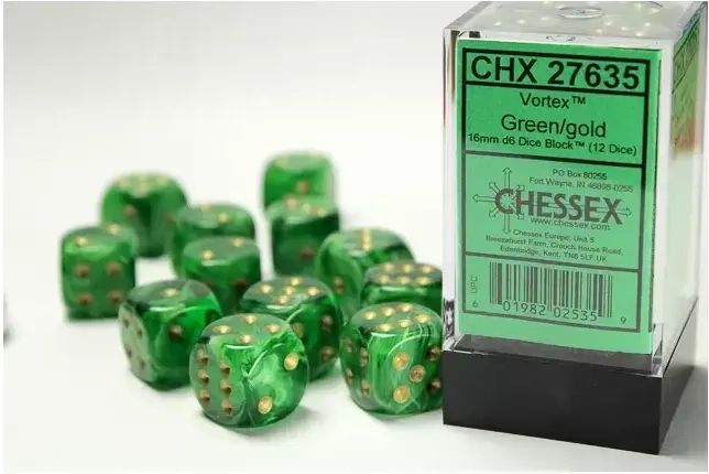 16mm d6 with pips Dice Blocks (12 Dice) - Vortex Green w/gold