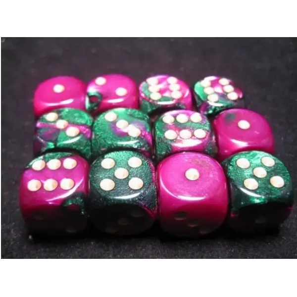 Gemini 16mm d6 with pips (12 Dice Block) - Green-Purple w/gold