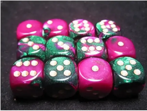 Gemini 16mm d6 with pips (12 Dice Block) - Green-Purple w/gold