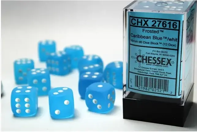 16mm d6 with pips Dice Blocks (12 Dice) - Frosted Caribbean Blue w/white