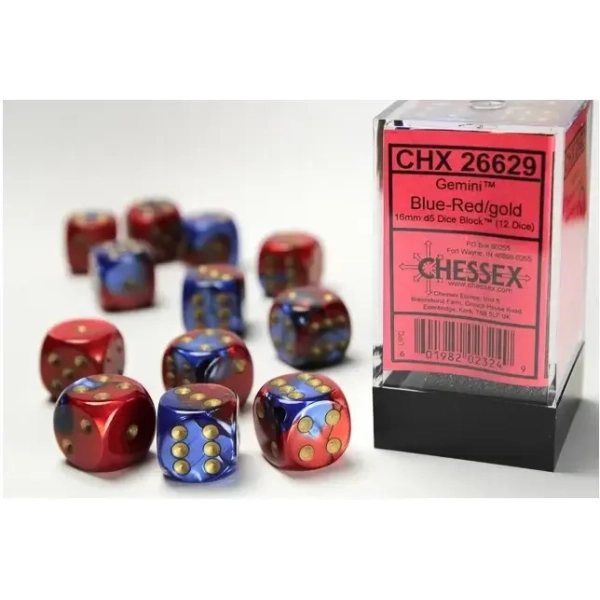 Gemini 16mm d6 with pips Dice Blocks (12 Dice) - Blue-Red w/gold