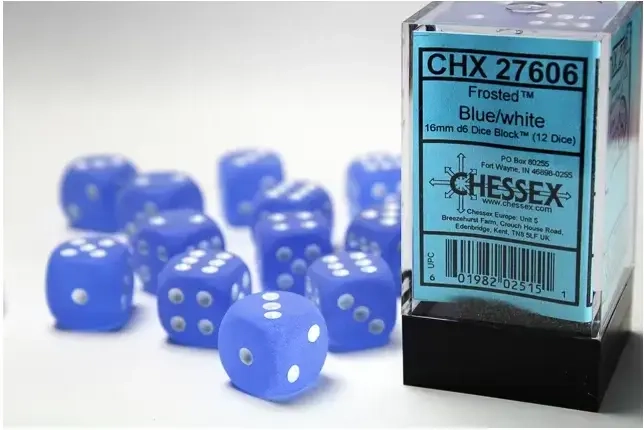 16mm d6 with pips Dice Blocks (12 Dice) - Frosted Blue w/white