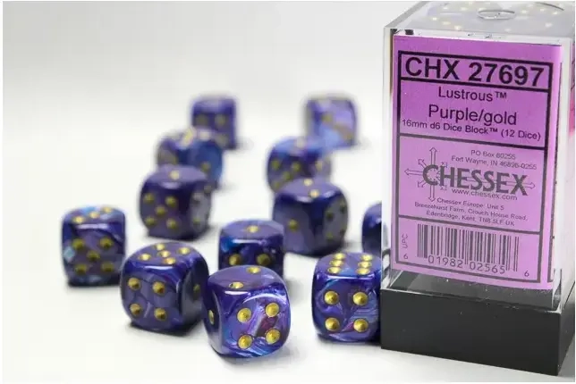 16mm d6 with pips Dice Blocks (12 Dice) - Lustrous Purple w/gold