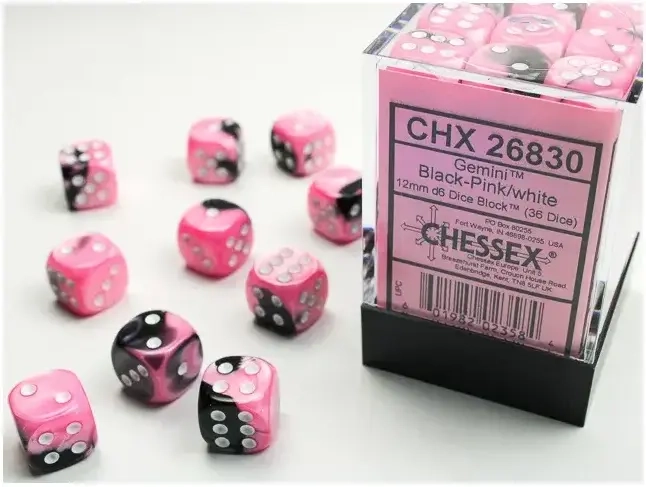 Gemini 12mm d6 Dice Blocks with pips Dice Blocks (36 Dice) - Black-Pink w/white