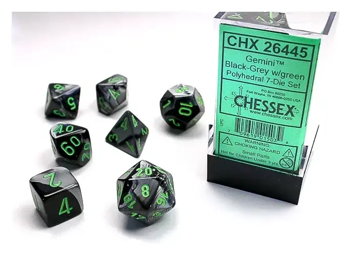 Dice Sets Gemini 5 Black-Grey/Green Polyhedral 7-Die Set