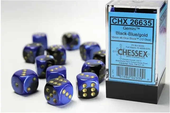 Dice Sets Black-Blue/Gold Gemini 16mm d6 (12)