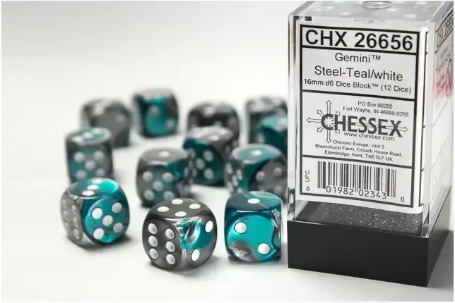 Dice Sets Gemini 6 16mm d6 Steel-Teal/White (12)