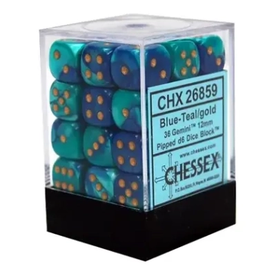 Gemini 12mm d6 Dice Blocks with pips Dice Blocks (36 Dice) - Blue-Teal w/gold