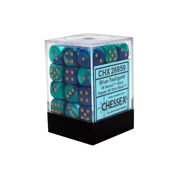 Gemini 12mm d6 Dice Blocks with pips Dice Blocks (36 Dice) - Blue-Teal w/gold