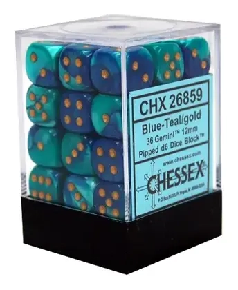 Gemini 12mm d6 Dice Blocks with pips Dice Blocks (36 Dice) - Blue-Teal w/gold