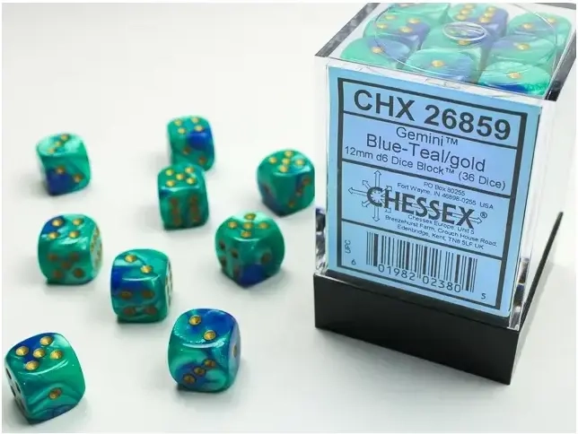 Gemini 12mm d6 Dice Blocks with pips Dice Blocks (36 Dice) - Blue-Teal w/gold