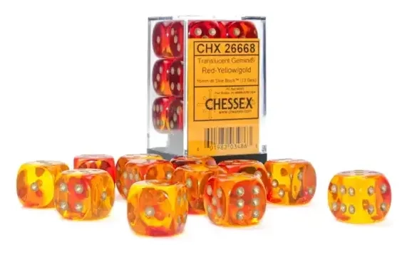 Gemini 16mm d6 Translucent Red-Yellow/gold Dice Block (12 dice)