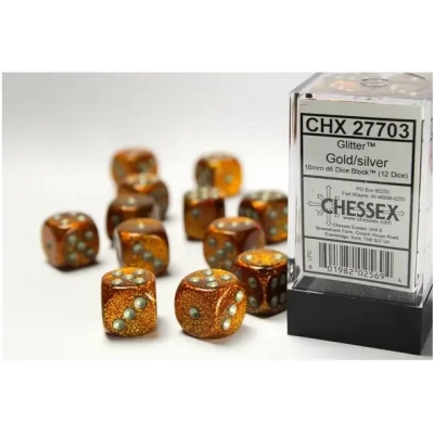 16mm d6 with pips Dice Blocks (12 Dice) - Glitter Polyhedral Gold/silver