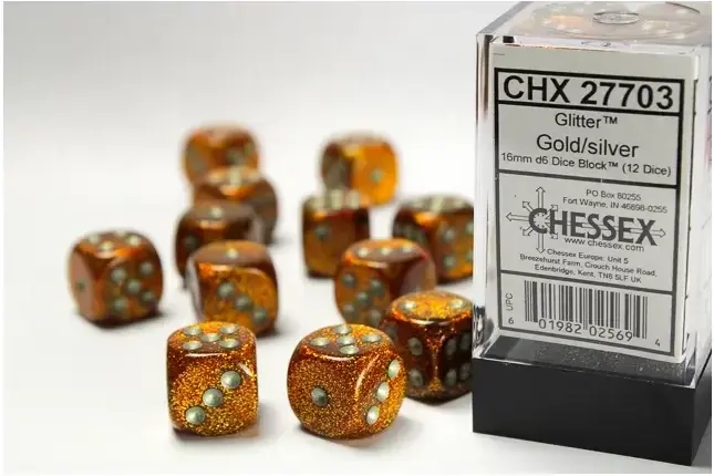 16mm d6 with pips Dice Blocks (12 Dice) - Glitter Polyhedral Gold/silver