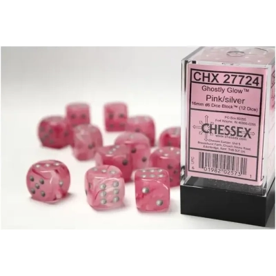 16mm d6 with pips Dice Blocks (12 Dice) - Ghostly Glow Pink/silver