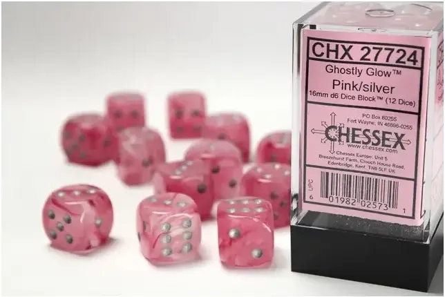 16mm d6 with pips Dice Blocks (12 Dice) - Ghostly Glow Pink/silver