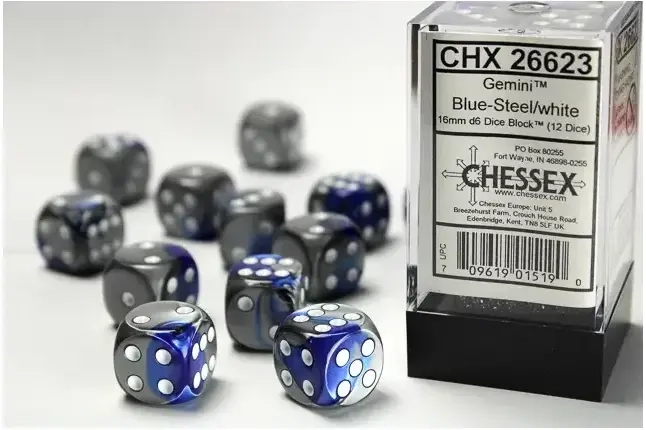 Gemini 16mm d6 with pips Dice Blocks (12 Dice) - Blue-Steel w/white