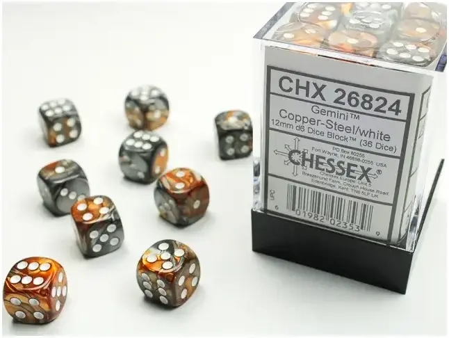 Dice Sets Copper-Steel/White Gemini 12mm d6 (36)