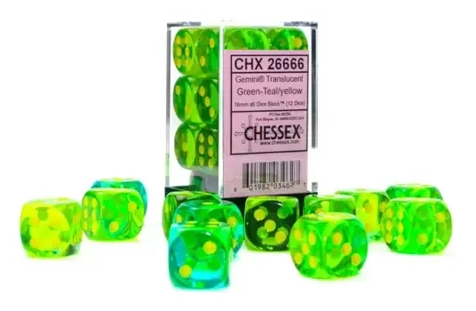 Gemini 16mm d6 Translucent Green-Teal/yellow Dice Block (12 dice)