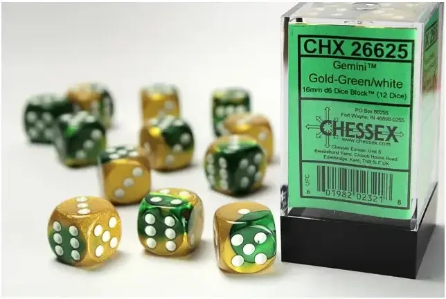 Gemini 16mm d6 with pips Dice Blocks (12 Dice) - Gold-Green w/white