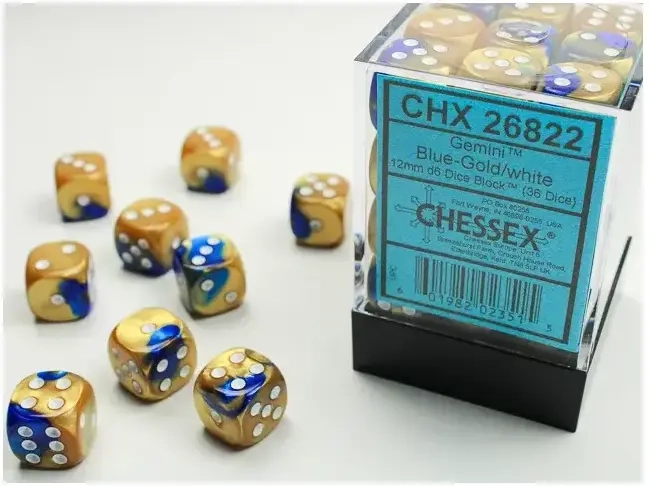 Gemini 12mm d6 Dice Blocks with pips Dice Blocks (36 Dice) - Blue-Gold w/white