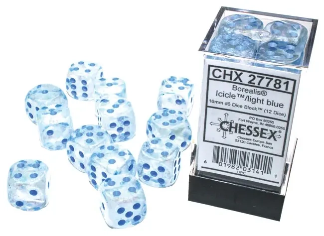 Borealis 16mm d6 Icicle/light blue Luminary Dice Block (12 dice)