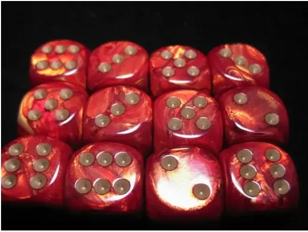 16mm d6 with pips Dice Blocks (12 Dice) - Scarab Scarlet w/gold