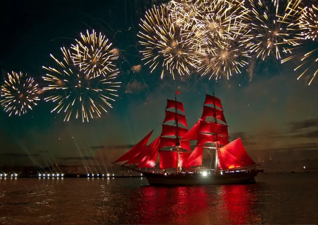 Fireworks around a Sailboat