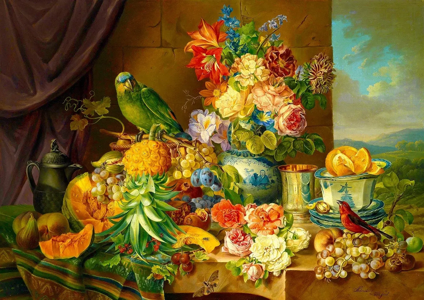 Still Life with Fruit Flowers and Parrot - Josef Schuster