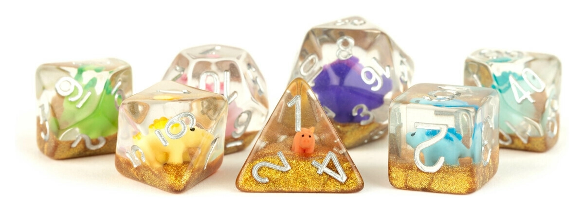 16mm Resin Poly Dice Set Rainbow Dinosaur Dice