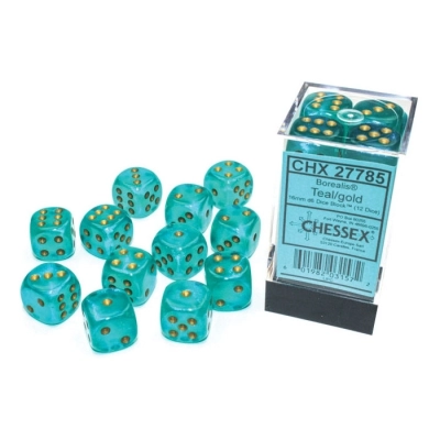 Borealis 16mm d6 Teal/gold Luminary Dice Block (12 dice)